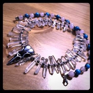 Crystal and turquoise raven skull necklace